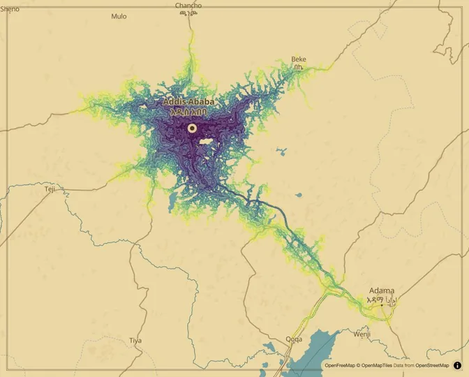 Addis Ababa driving isochrone map from Meskel Square