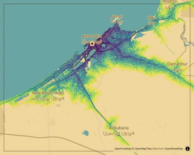 Alexandria driving isochrone map from Saad Zaghloul Square