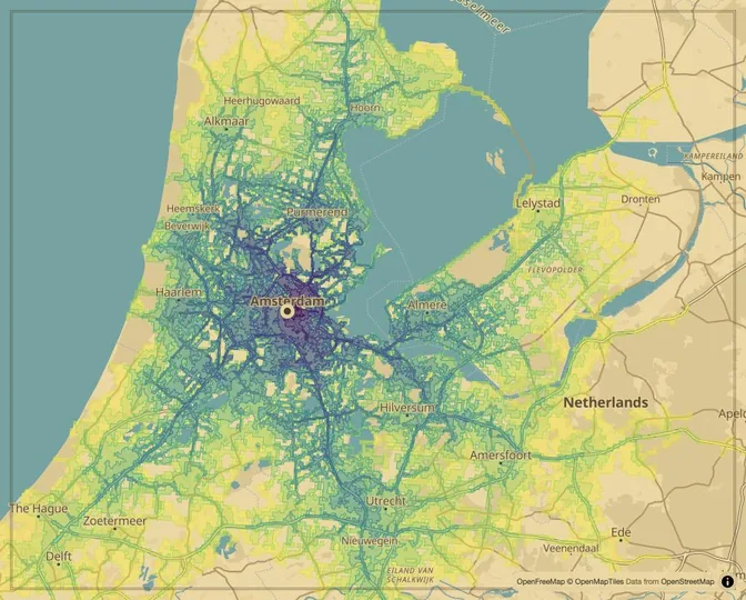Amsterdam driving isochrone map from Dam Square