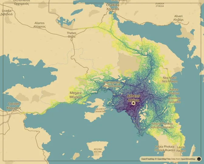 Athens driving isochrone map from Syntagma Square