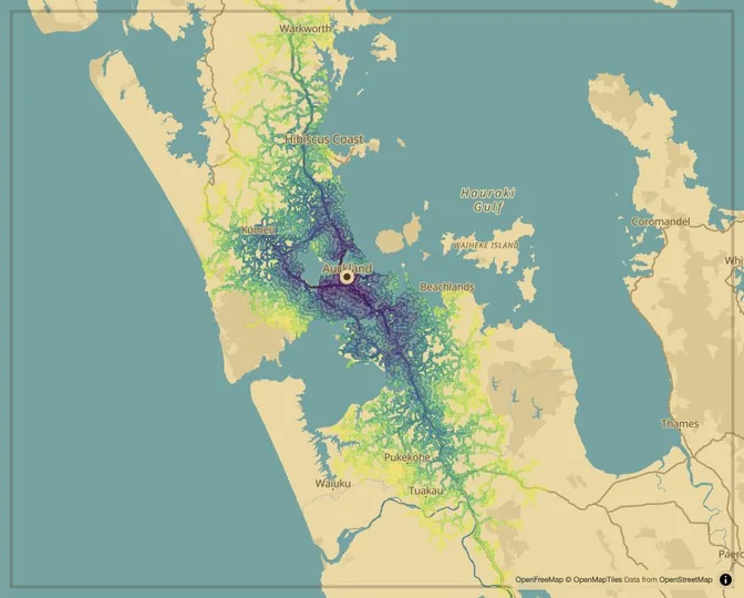 Auckland driving isochrone map from Aotea Square