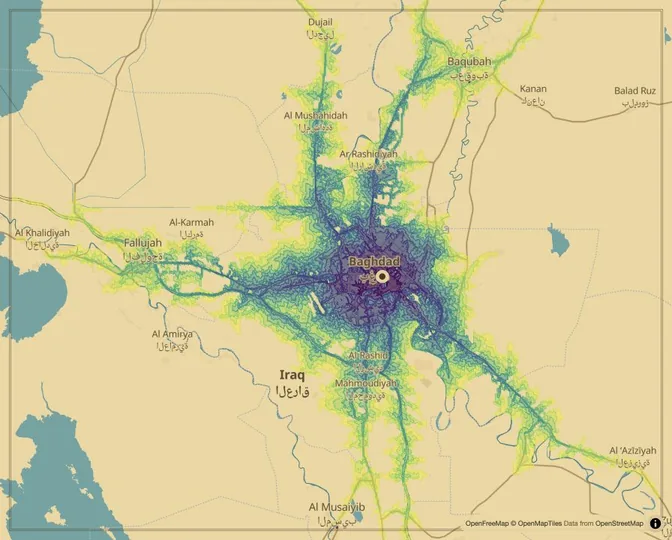 Baghdad driving isochrone map from Tahrir Square