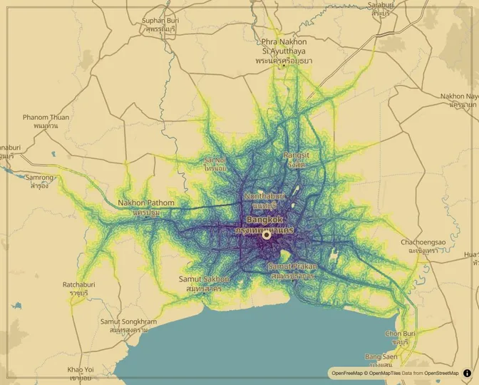 Bangkok driving isochrone map from Democracy Monument
