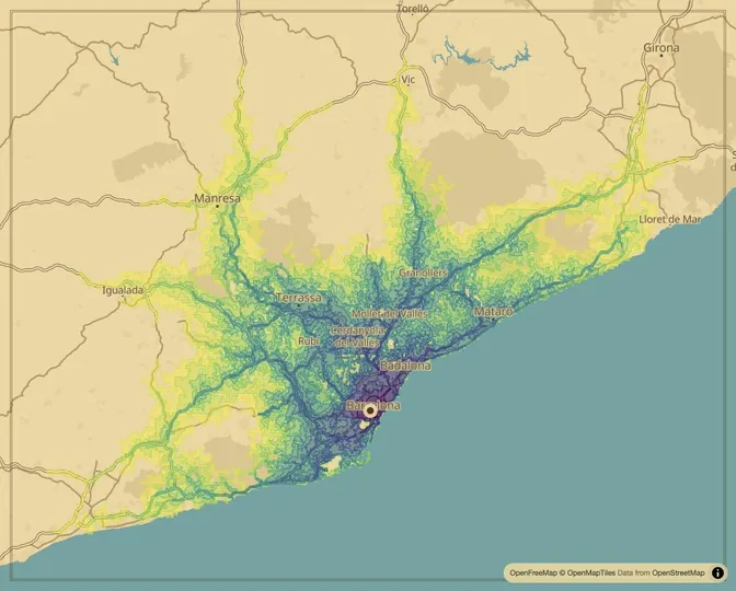 Barcelona driving isochrone map from Plaça de Catalunya