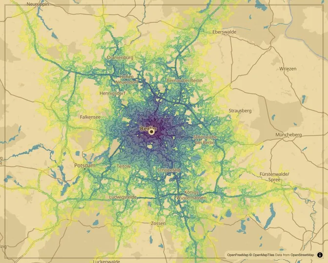 Berlin driving isochrone map from Alexanderplatz