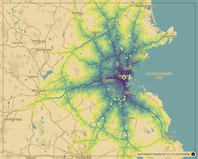 Boston driving isochrone map from Boston City Hall Plaza