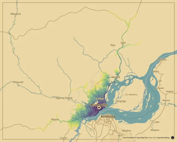 Brazzaville driving isochrone map from Brazzaville City Hall