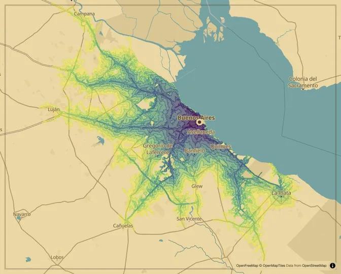 Buenos Aires driving isochrone map from Plaza de Mayo