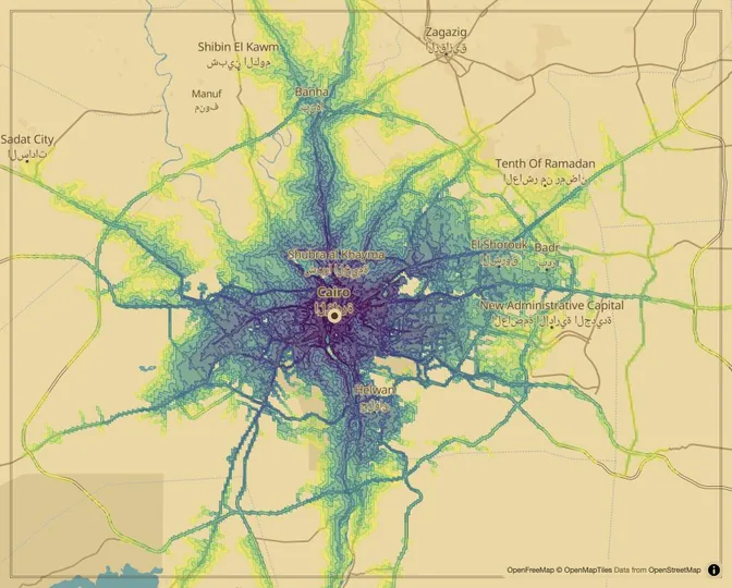Cairo driving isochrone map from Talaat Harb Square