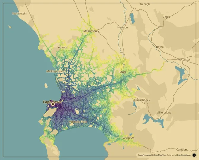 Cape Town driving isochrone map from Cape Town City Hall