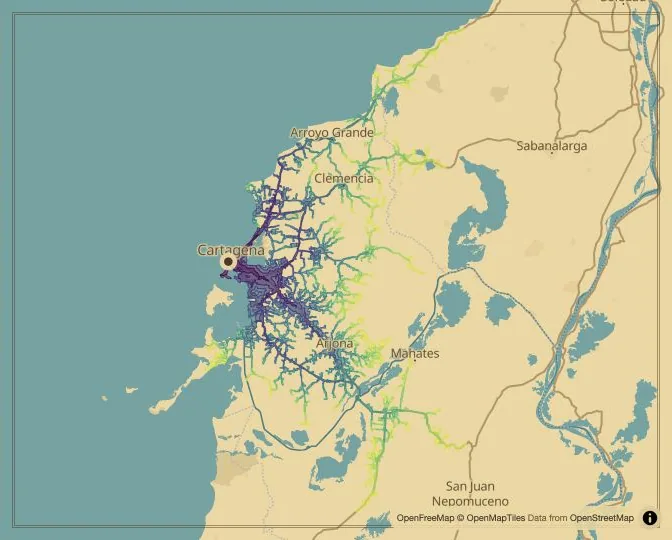 Cartagena driving isochrone map from Plaza de los Coches