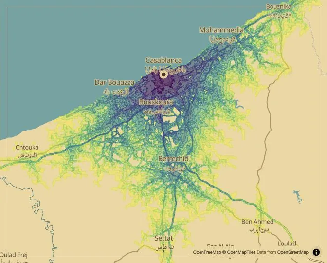 Casablanca driving isochrone map from Place Mohammed V