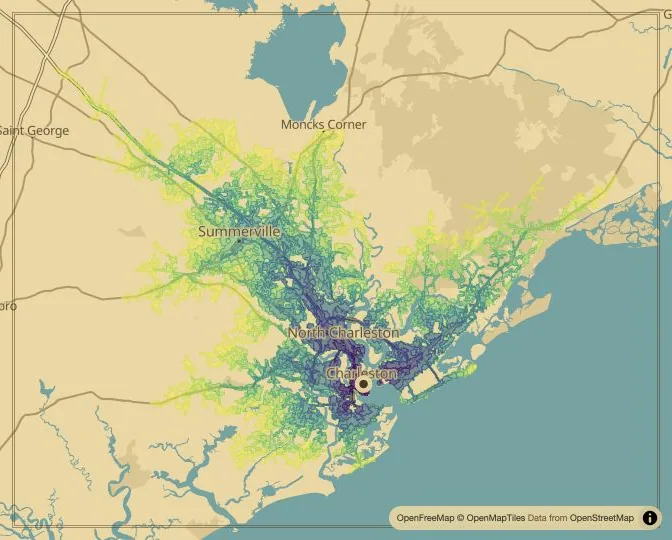 Charleston driving isochrone map from Marion Square