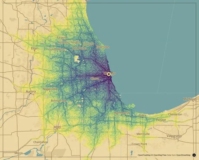 Chicago driving isochrone map from Chicago City Hall