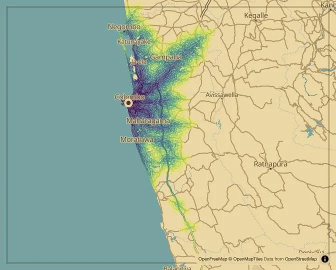Colombo driving isochrone map from Colombo Fort