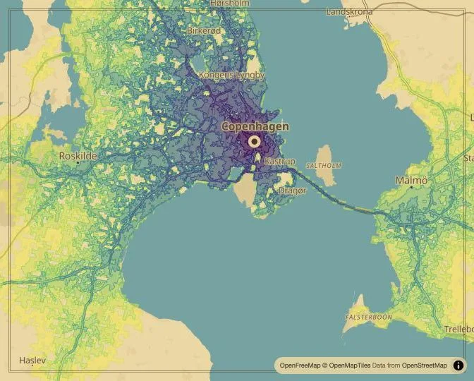 Copenhagen driving isochrone map from Rådhuspladsen