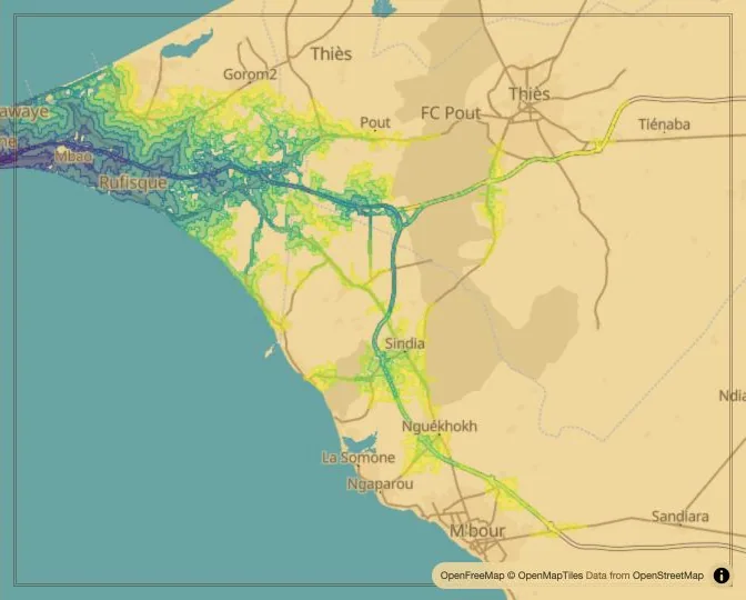 Dakar driving isochrone map from Place de l’Indépendance