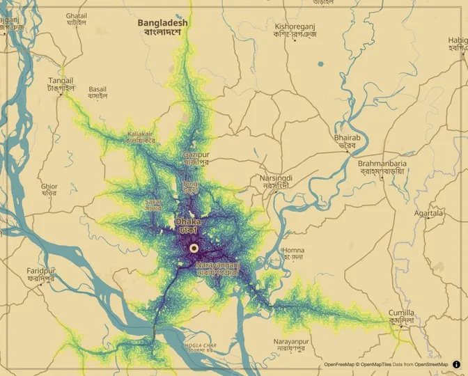 Dhaka driving isochrone map from Zero Point