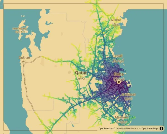 Doha driving isochrone map from Msheireb Downtown