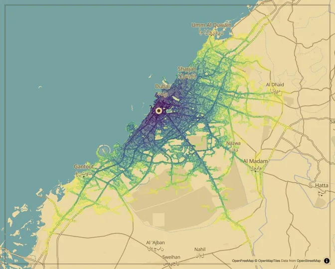 Dubai driving isochrone map from Downtown Dubai