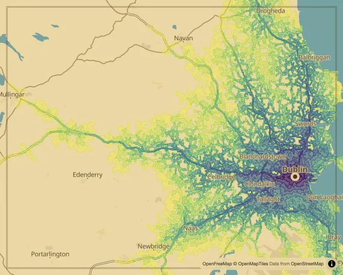 Dublin driving isochrone map from O’Connell Bridge
