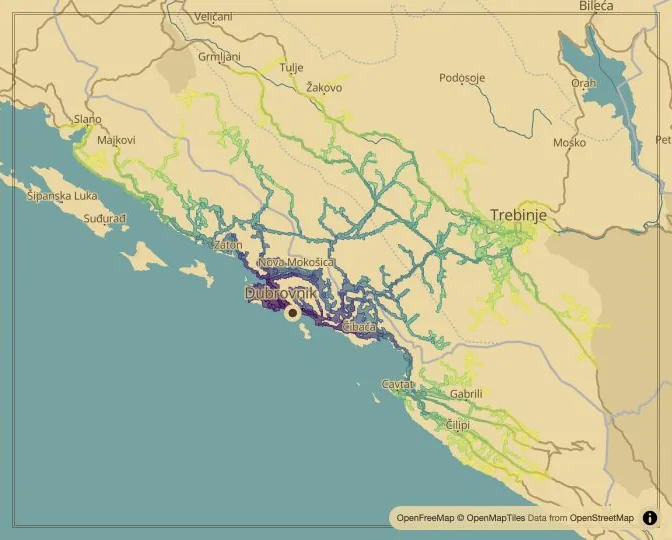 Dubrovnik driving isochrone map from Pile Gate