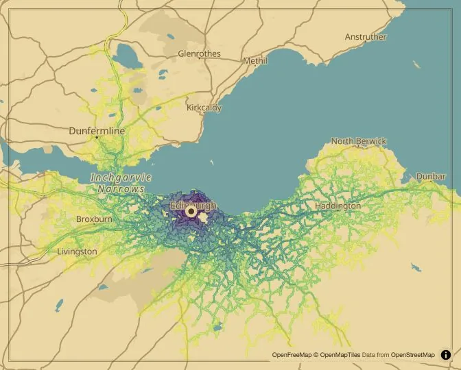 Edinburgh driving isochrone map from St Andrew Square