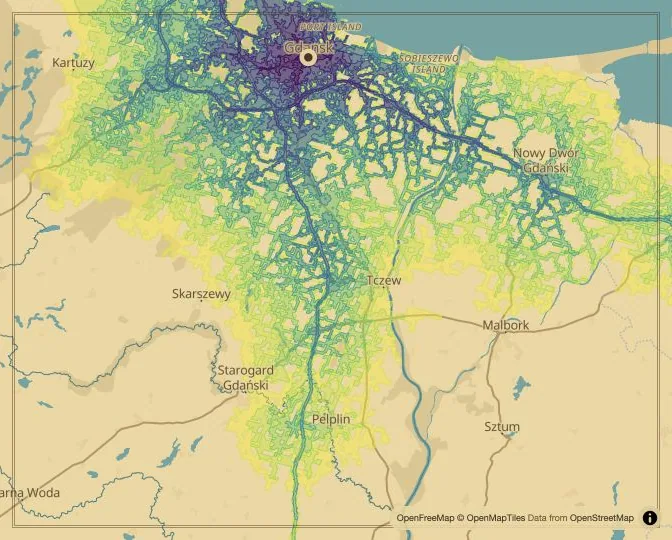 Gdańsk driving isochrone map from Długi Targ