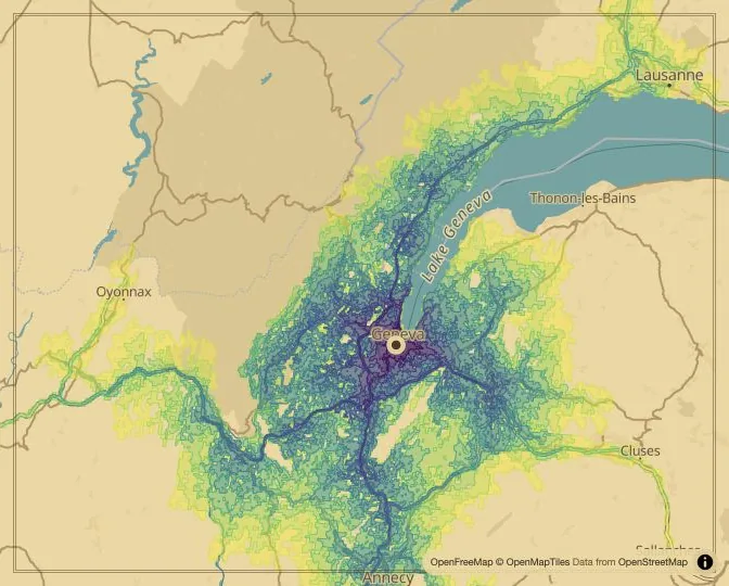Geneva driving isochrone map from Place Neuve