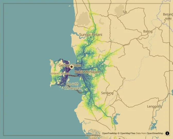 George Town driving isochrone map from Padang Kota Lama