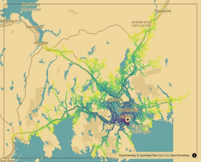 Halifax driving isochrone map from Grand Parade
