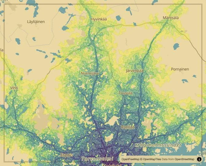 Helsinki driving isochrone map from Railway Square