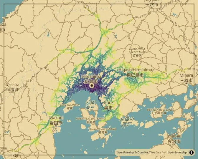 Hiroshima driving isochrone map from Hiroshima City Hall