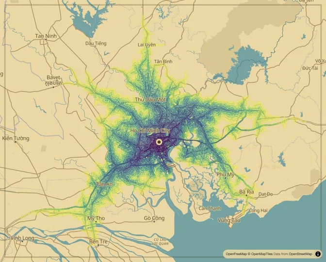 Ho Chi Minh City driving isochrone map from Ho Chi Minh City Hall