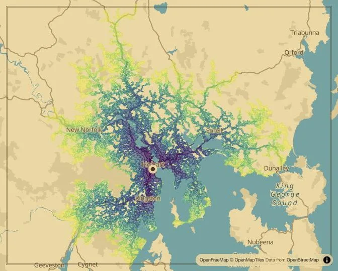 Hobart driving isochrone map from Macquarie Street