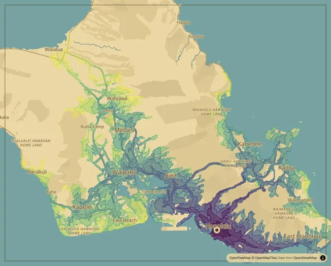 Honolulu driving isochrone map from Honolulu Hale