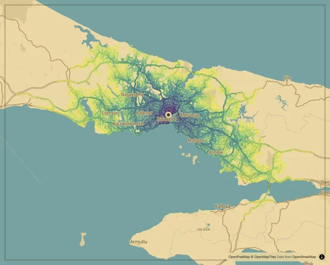 Istanbul driving isochrone map from Taksim Square