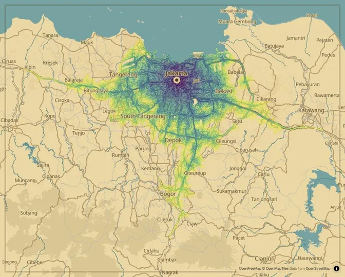 Jakarta driving isochrone map from Jakarta City Hall