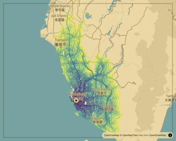 Kaohsiung driving isochrone map from Central Park