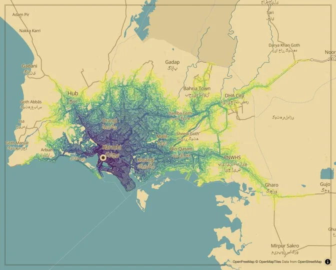 Karachi driving isochrone map from Karachi Metropolitan Corporation