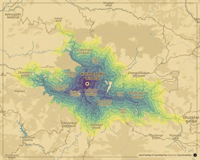 Kathmandu driving isochrone map from Kathmandu Durbar Square