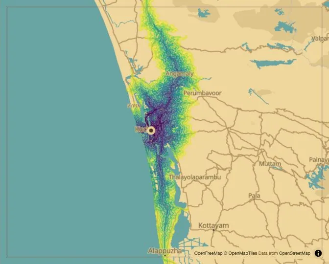 Kochi driving isochrone map from High Court Junction