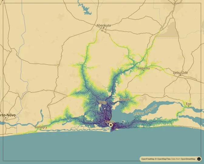 Lagos driving isochrone map from Tafawa Balewa Square
