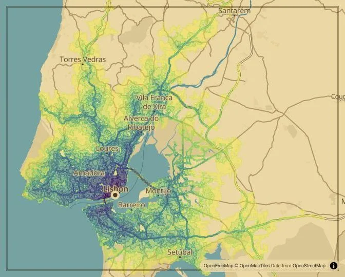 Lisbon driving isochrone map from Praça do Município