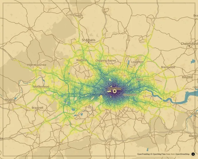 London driving isochrone map from Trafalgar Square