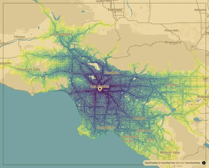 Los Angeles driving isochrone map from Los Angeles City Hall