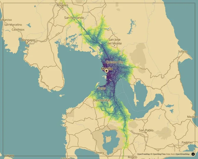 Manila driving isochrone map from Jones Bridge