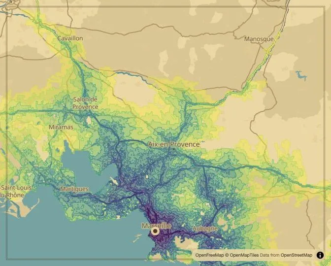Marseille driving isochrone map from Vieux-Port