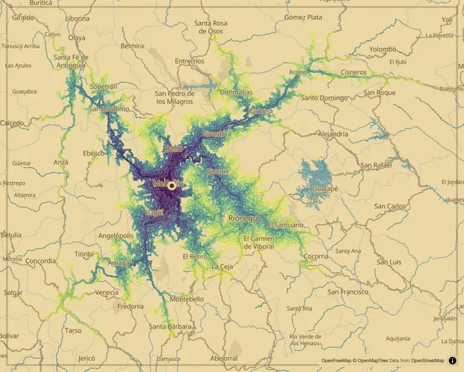 Medellín driving isochrone map from Plaza Botero