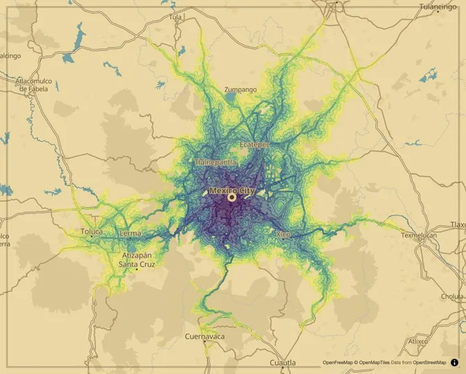 Mexico City driving isochrone map from Zócalo
